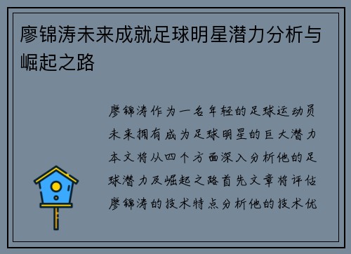廖锦涛未来成就足球明星潜力分析与崛起之路